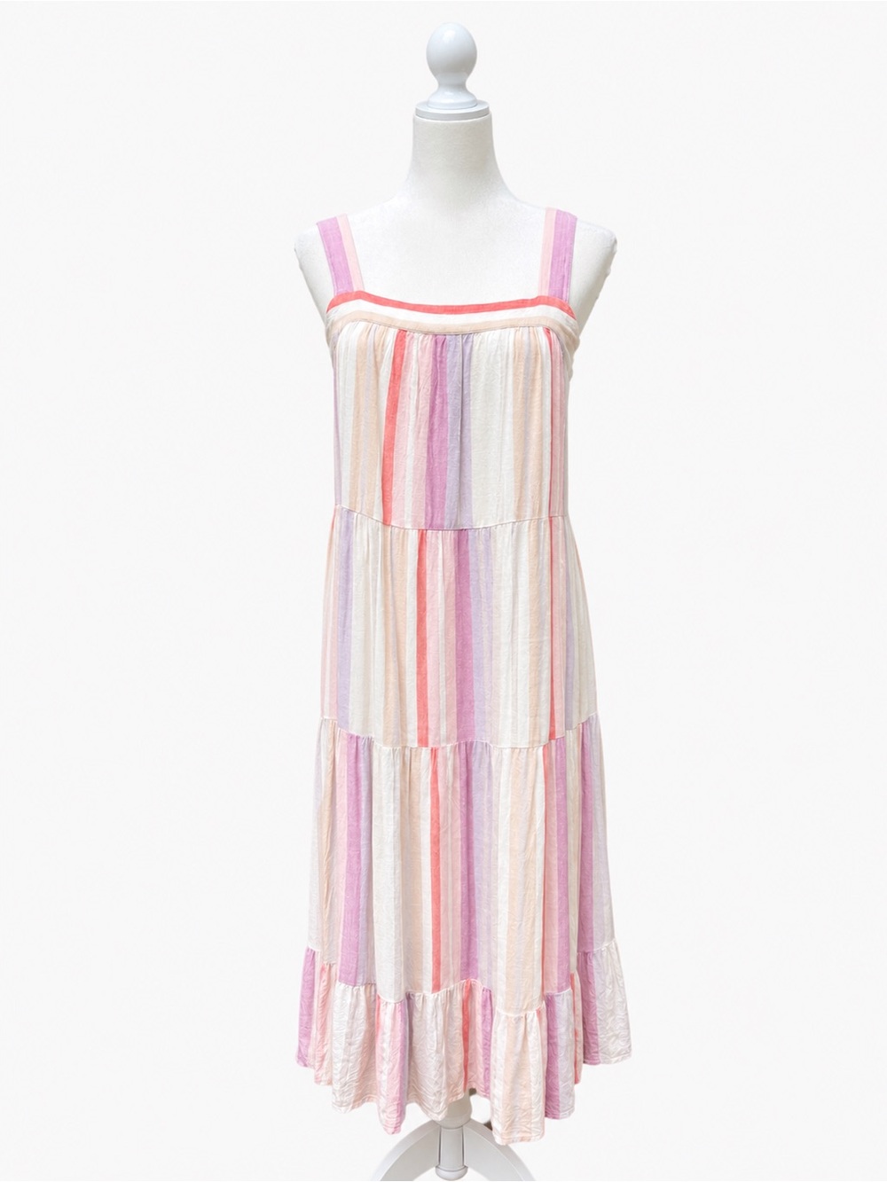 Rails Pink & Lavender Striped Tiered Midi Dress – Size Medium Boho Hippie
